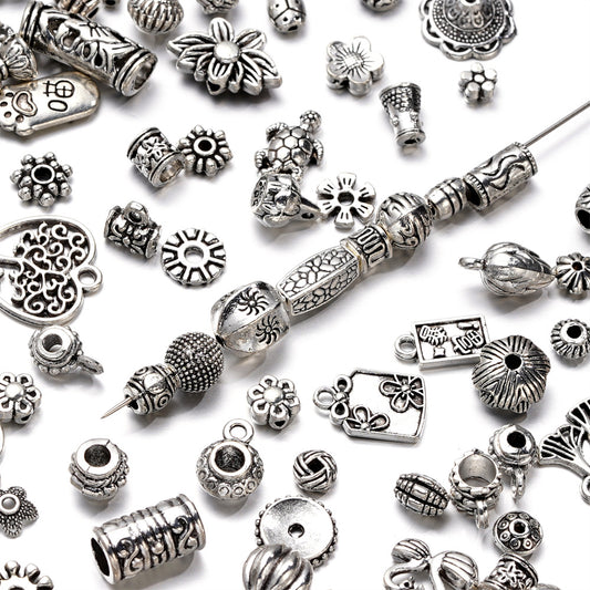 Antique Silver Alloy Beads & Floral Bases - DIY Jewelry Accessories for Necklaces, Bracelets & Hair Clips